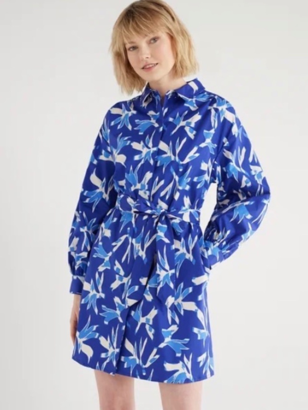 NWT Scoop Blue/White Patterned Balloon Sleeve ShirtDress XS (0-2)
